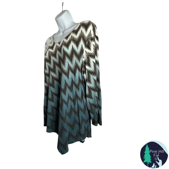 Chicos Tunic Top Size 2 US Large Teal Brown Asymmetrical Herringbone 3/4 Sleeves - Picture 2 of 8